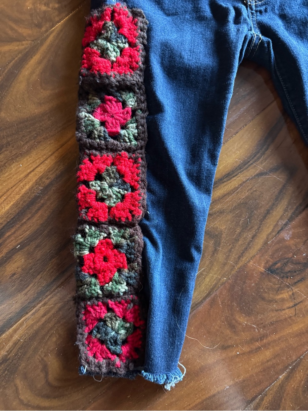 Upcycled dark wash capris with granny squares added - Picture 3 of 7